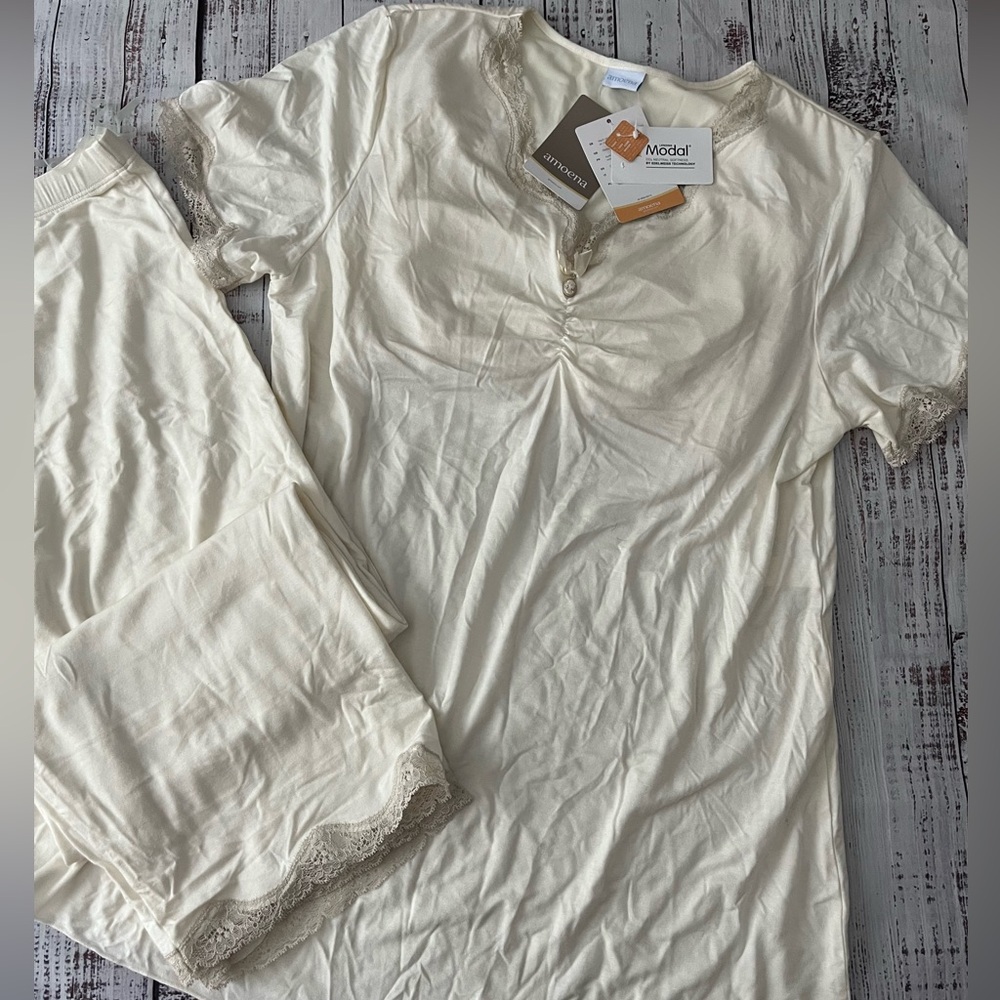 Amoena Modal Lace Trim Cameo Pj Set Post Mastectomy W/shelf Bra Ivory Size M